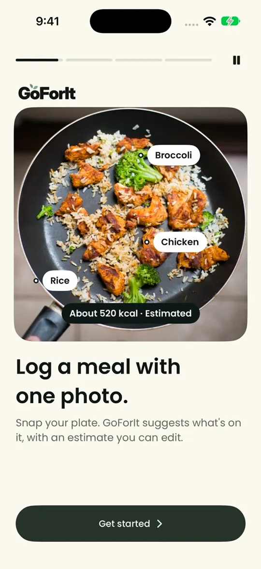 A meal photo with the foods the app suggests and an estimate to check.