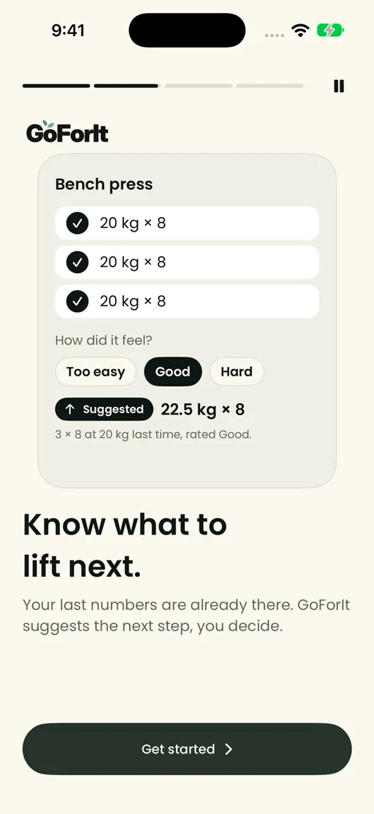The app suggesting the next weight to lift: 22.5 kg × 8 after three sets at 20 kg rated Good.