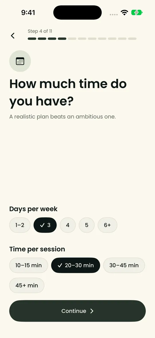 The question “How much time do you have?”, with three days a week and 20 to 30 minutes per session selected.
