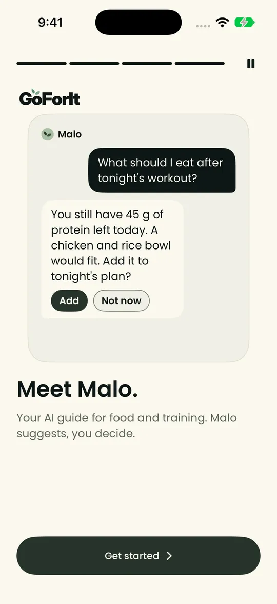 The Meet Malo screen: Malo suggests a chicken and rice bowl to fit tonight's plan, with Add and Not now.