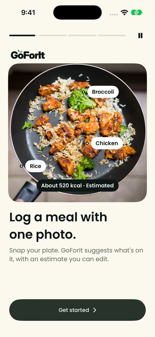 A meal photo with the foods GoForIt suggests, chicken, rice and broccoli, and an estimate to check.
