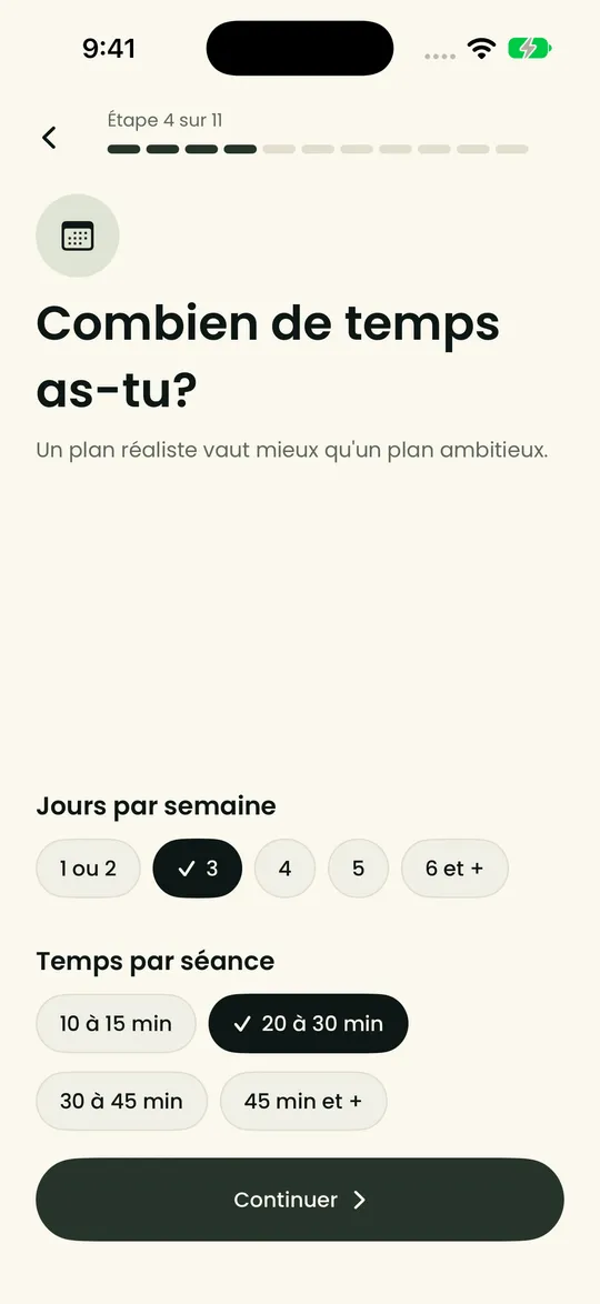 La question « Combien de temps as-tu ? », avec trois jours par semaine et 20 à 30 minutes par séance choisis.
