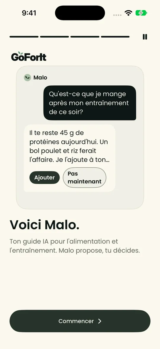 L’écran Voici Malo : Malo propose un bol poulet et riz pour le plan de ce soir, avec Ajouter et Pas maintenant.