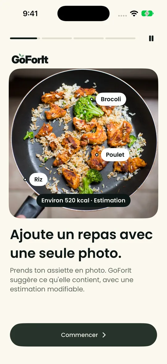 La photo d’un repas avec les aliments suggérés par GoForIt, poulet, riz et brocoli, et une estimation à vérifier.