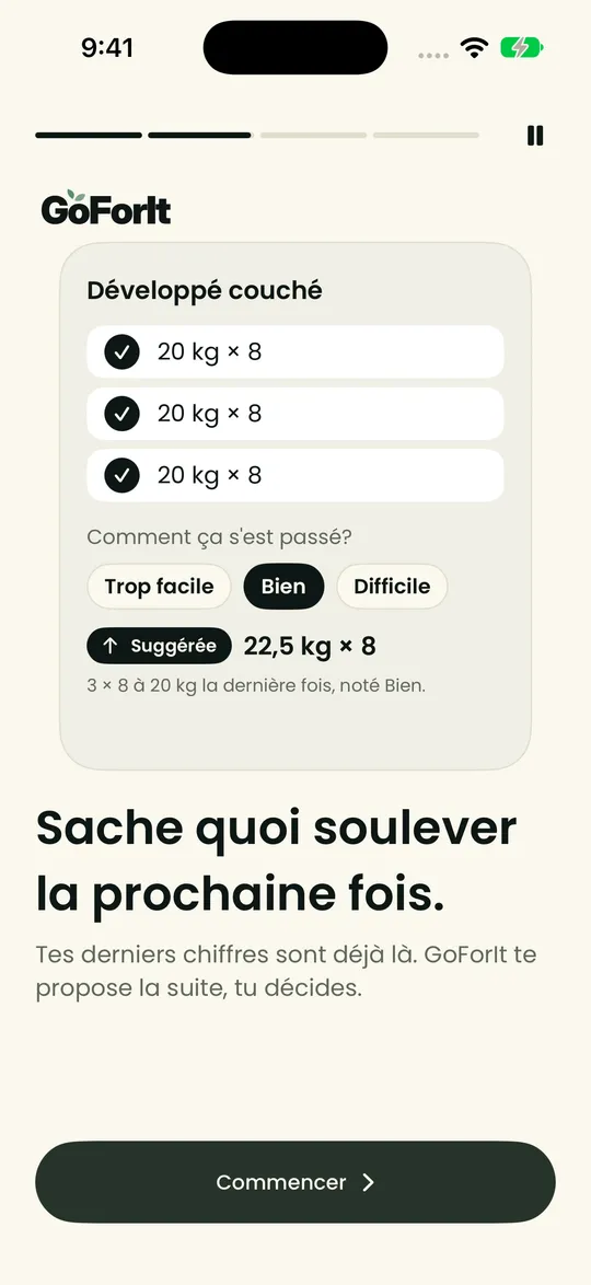 L’app GoForIt qui suggère le prochain poids à soulever après trois séries à 20 kg notées Bien.
